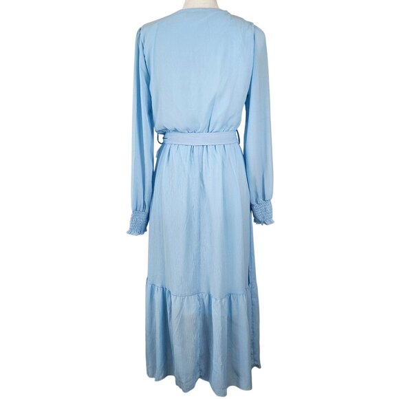 Womens Boho Small Light Blue Long Sleeve Midi Dress Elastic Waist Belt Wedding - Picture 6 of 12